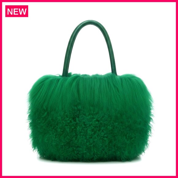 Handbags - Real Lamb Fur Tote Bag with Leather Handles, Evening Clutch